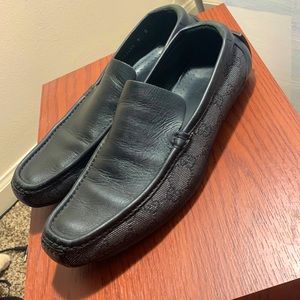 Gucci Slip-ons, Black Leather, Grey and Black Cloth sides, Size 10